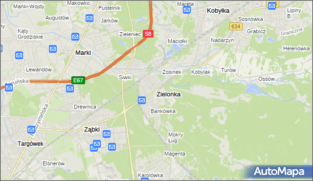 mapa Zielonka powiat wołomiński, Zielonka powiat wołomiński na mapie Targeo