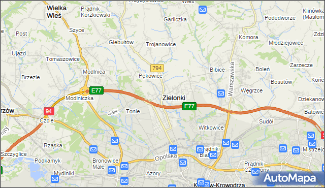 mapa Zielonki powiat krakowski, Zielonki powiat krakowski na mapie Targeo