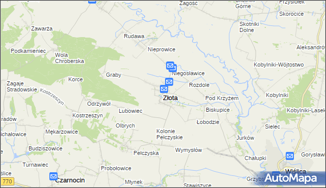 mapa Złota powiat pińczowski, Złota powiat pińczowski na mapie Targeo