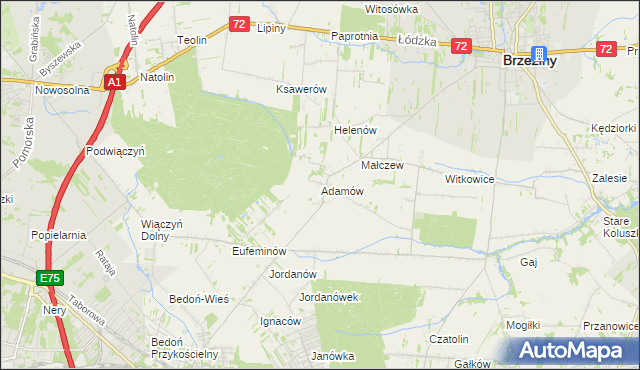 mapa Adamów gmina Brzeziny, Adamów gmina Brzeziny na mapie Targeo