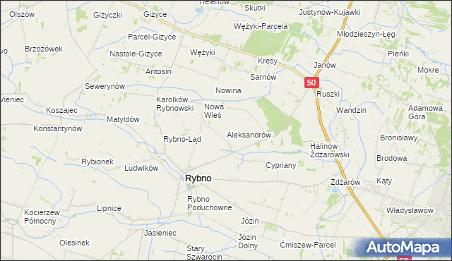 mapa Aleksandrów gmina Rybno, Aleksandrów gmina Rybno na mapie Targeo