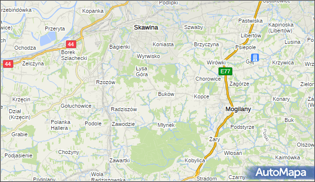 mapa Buków gmina Mogilany, Buków gmina Mogilany na mapie Targeo