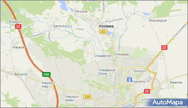 mapa Chwalęcice gmina Kłodawa, Chwalęcice gmina Kłodawa na mapie Targeo