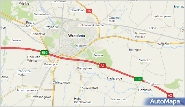 mapa Dębina gmina Września, Dębina gmina Września na mapie Targeo