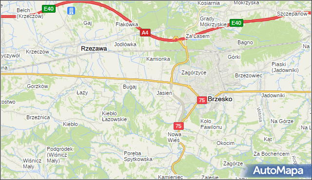 mapa Jasień gmina Brzesko, Jasień gmina Brzesko na mapie Targeo