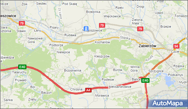 mapa Kleszczów gmina Zabierzów, Kleszczów gmina Zabierzów na mapie Targeo