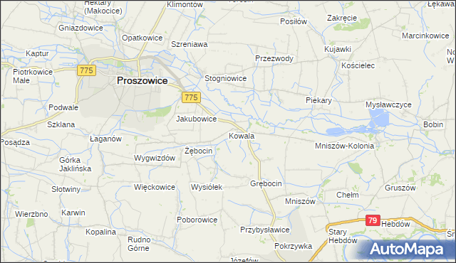mapa Kowala gmina Proszowice, Kowala gmina Proszowice na mapie Targeo