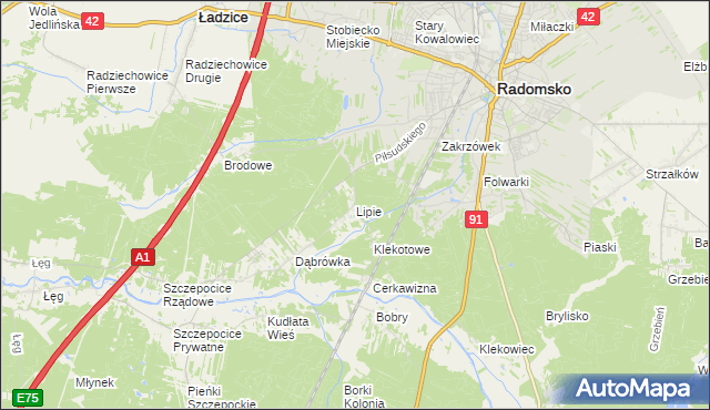 mapa Lipie gmina Radomsko, Lipie gmina Radomsko na mapie Targeo