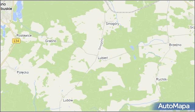 mapa Lubień gmina Ośno Lubuskie, Lubień gmina Ośno Lubuskie na mapie Targeo