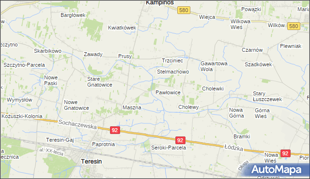mapa Pawłowice gmina Teresin, Pawłowice gmina Teresin na mapie Targeo