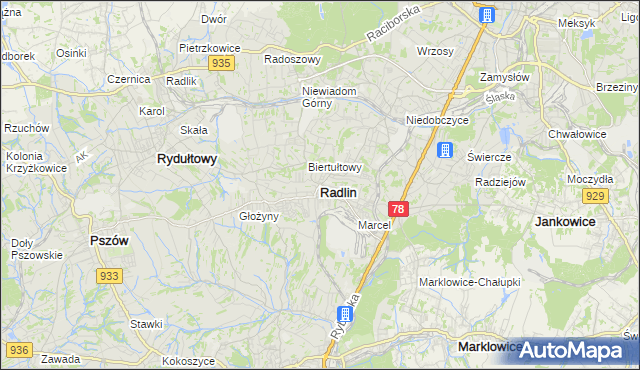 mapa Radlin powiat wodzisławski, Radlin powiat wodzisławski na mapie Targeo