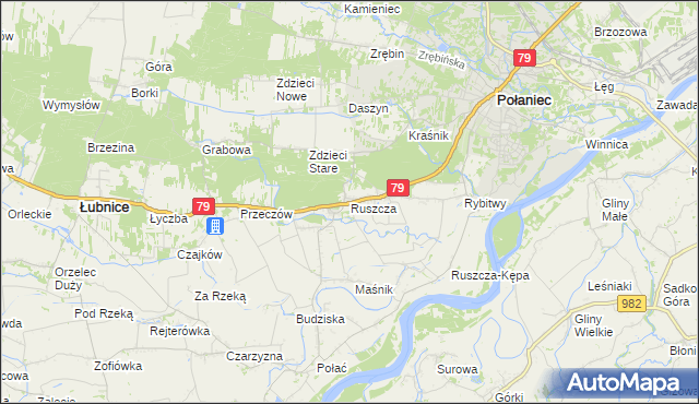 mapa Ruszcza gmina Połaniec, Ruszcza gmina Połaniec na mapie Targeo