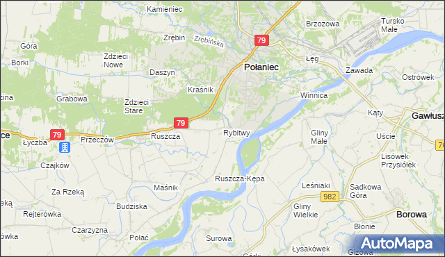 mapa Rybitwy gmina Połaniec, Rybitwy gmina Połaniec na mapie Targeo