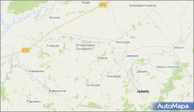 mapa Szaciły gmina Jaświły, Szaciły gmina Jaświły na mapie Targeo