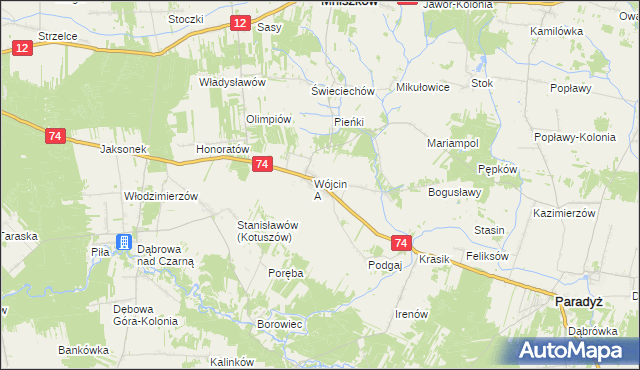 mapa Wójcin gmina Paradyż, Wójcin gmina Paradyż na mapie Targeo