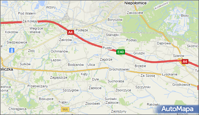 mapa Zagórze gmina Niepołomice, Zagórze gmina Niepołomice na mapie Targeo
