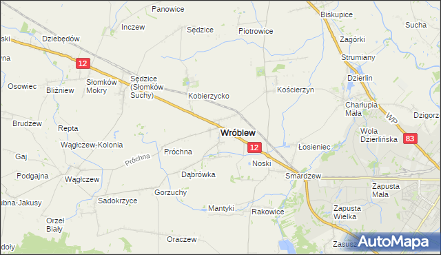 mapa Wróblew powiat sieradzki, Wróblew powiat sieradzki na mapie Targeo