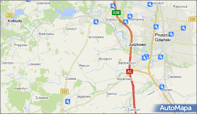 mapa Borzęcin gmina Pruszcz Gdański, Borzęcin gmina Pruszcz Gdański na mapie Targeo