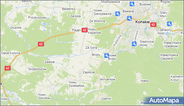 mapa Brody gmina Końskie, Brody gmina Końskie na mapie Targeo