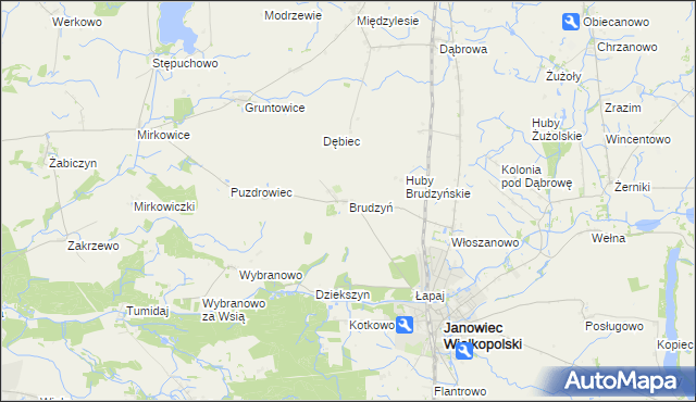 mapa Brudzyń gmina Janowiec Wielkopolski, Brudzyń gmina Janowiec Wielkopolski na mapie Targeo