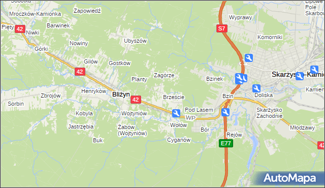 mapa Brzeście gmina Bliżyn, Brzeście gmina Bliżyn na mapie Targeo