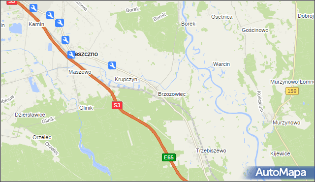 mapa Brzozowiec gmina Deszczno, Brzozowiec gmina Deszczno na mapie Targeo