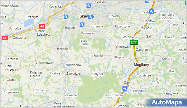 mapa Buków gmina Mogilany, Buków gmina Mogilany na mapie Targeo