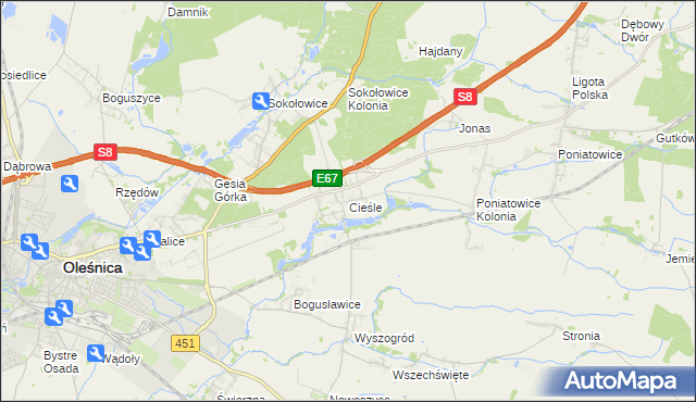 mapa Cieśle gmina Oleśnica, Cieśle gmina Oleśnica na mapie Targeo