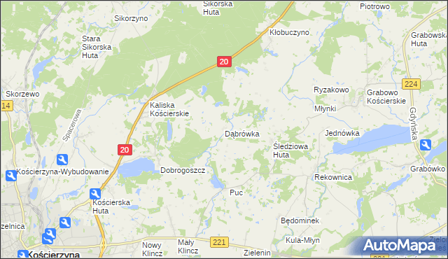 mapa Dąbrówka gmina Kościerzyna, Dąbrówka gmina Kościerzyna na mapie Targeo