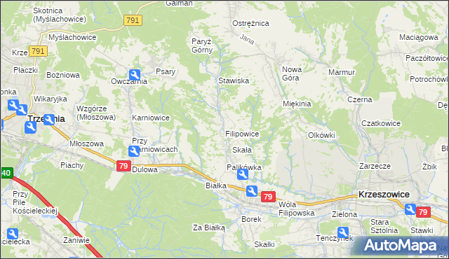 mapa Filipowice gmina Krzeszowice, Filipowice gmina Krzeszowice na mapie Targeo
