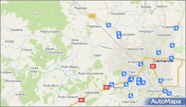 mapa Gąski gmina Ciechanów, Gąski gmina Ciechanów na mapie Targeo