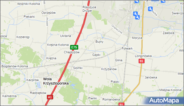 mapa Gąski gmina Wola Krzysztoporska, Gąski gmina Wola Krzysztoporska na mapie Targeo