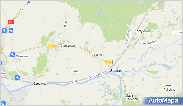 mapa Gralewo gmina Santok, Gralewo gmina Santok na mapie Targeo