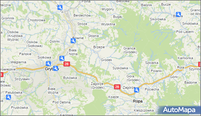 mapa Gródek gmina Grybów, Gródek gmina Grybów na mapie Targeo