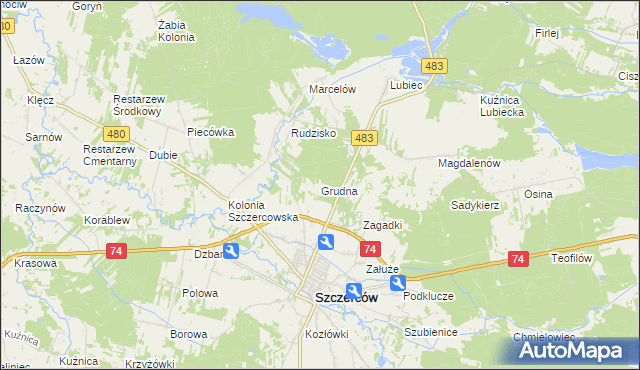mapa Grudna gmina Szczerców, Grudna gmina Szczerców na mapie Targeo