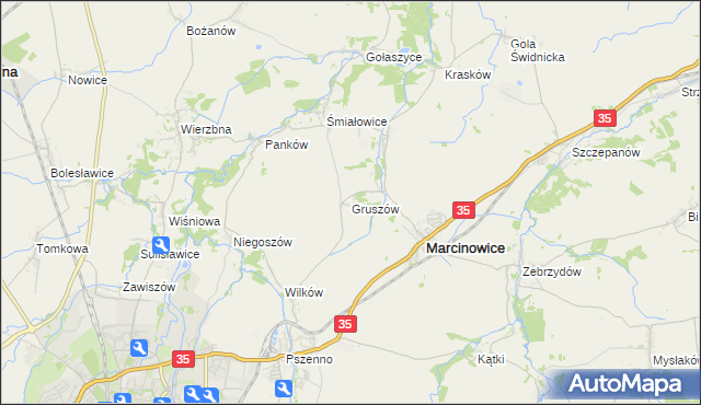 mapa Gruszów gmina Marcinowice, Gruszów gmina Marcinowice na mapie Targeo