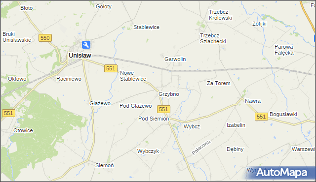 mapa Grzybno gmina Unisław, Grzybno gmina Unisław na mapie Targeo