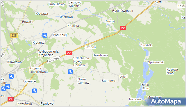mapa Jakubowo gmina Chojnice, Jakubowo gmina Chojnice na mapie Targeo