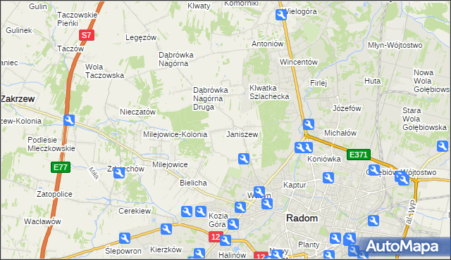 mapa Janiszew gmina Zakrzew, Janiszew gmina Zakrzew na mapie Targeo