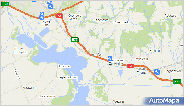 mapa Janów gmina Elbląg, Janów gmina Elbląg na mapie Targeo