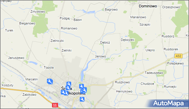 mapa Janowo gmina Środa Wielkopolska, Janowo gmina Środa Wielkopolska na mapie Targeo