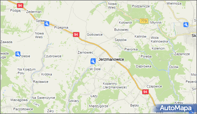 mapa Jerzmanowice gmina Jerzmanowice-Przeginia, Jerzmanowice gmina Jerzmanowice-Przeginia na mapie Targeo