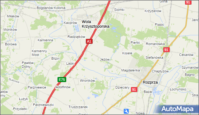 mapa Jeżów gmina Wola Krzysztoporska, Jeżów gmina Wola Krzysztoporska na mapie Targeo