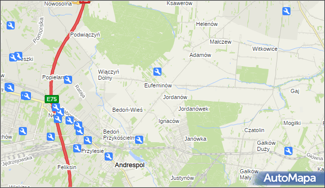 mapa Jordanów gmina Brzeziny, Jordanów gmina Brzeziny na mapie Targeo