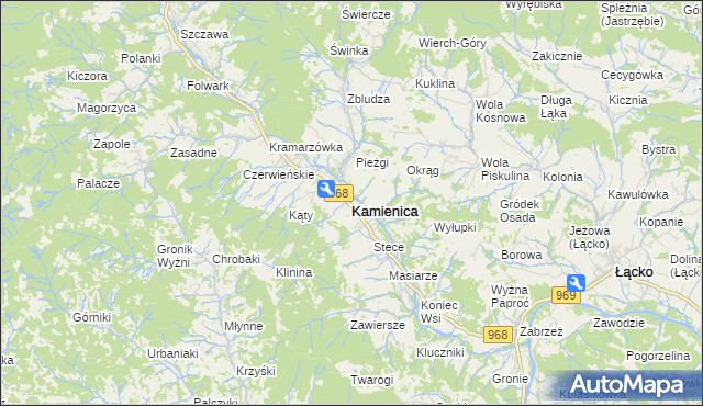 mapa Kamienica powiat limanowski, Kamienica powiat limanowski na mapie Targeo