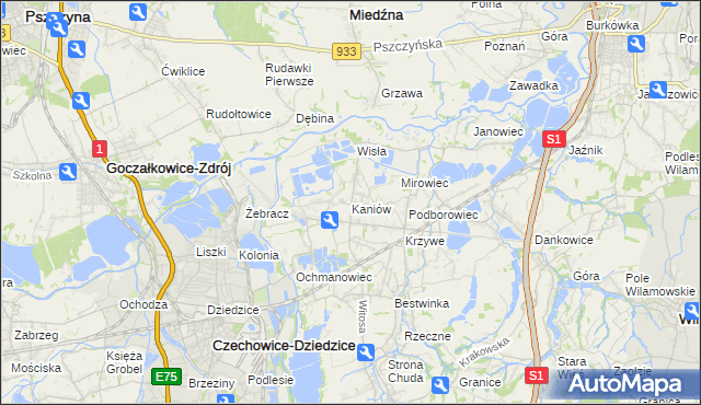 mapa Kaniów gmina Bestwina, Kaniów gmina Bestwina na mapie Targeo