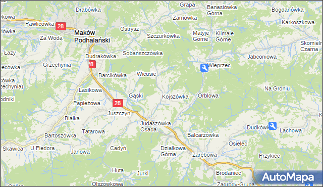 mapa Kojszówka, Kojszówka na mapie Targeo