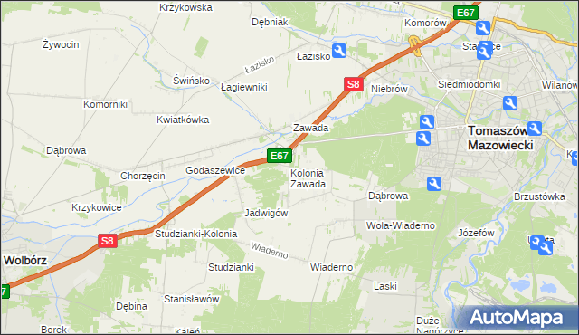 mapa Kolonia Zawada gmina Tomaszów Mazowiecki, Kolonia Zawada gmina Tomaszów Mazowiecki na mapie Targeo