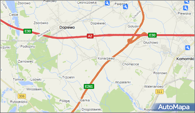 mapa Konarzewo gmina Dopiewo, Konarzewo gmina Dopiewo na mapie Targeo