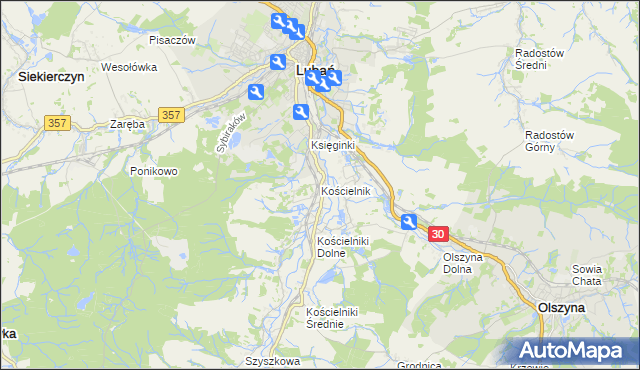 mapa Kościelnik gmina Lubań, Kościelnik gmina Lubań na mapie Targeo